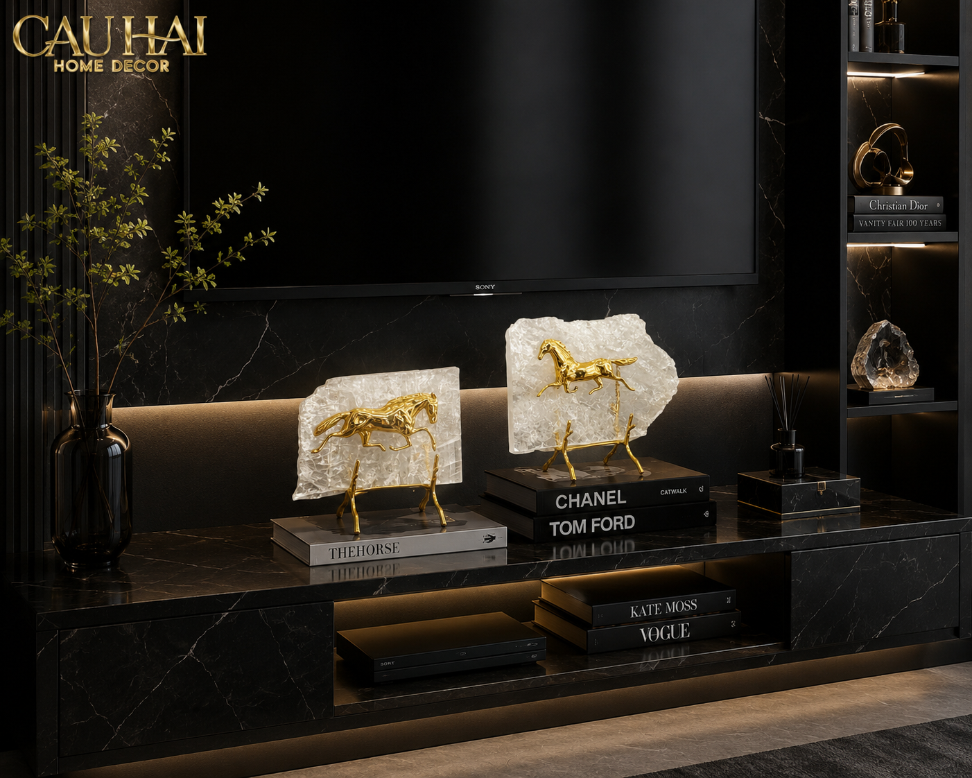 Maison Couture - Set 2 Tượng Ngựa Đồng Đá Thạch Anh Équestre Gilded Hidden Stallion Grande Quartz-TƯỢNG TRANG TRÍ-CẬU HAI HOME DECOR