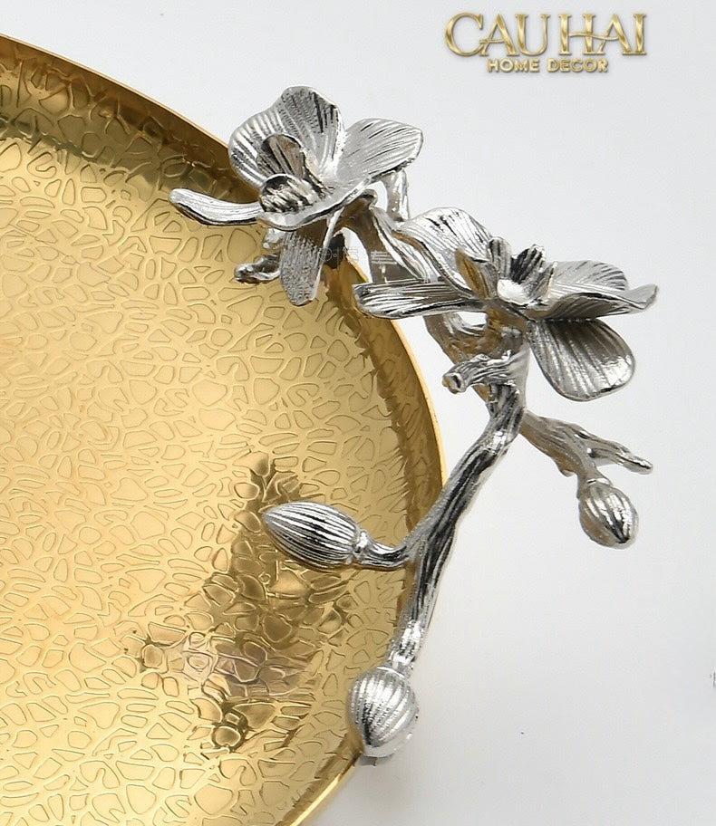 Maison Elysian Couture - Khay Tròn Đồng Platinum Cataleya Indira Brasson Decorative Trays 27x30x8-KHAY TRANG TRÍ-CẬU HAI HOME DECOR