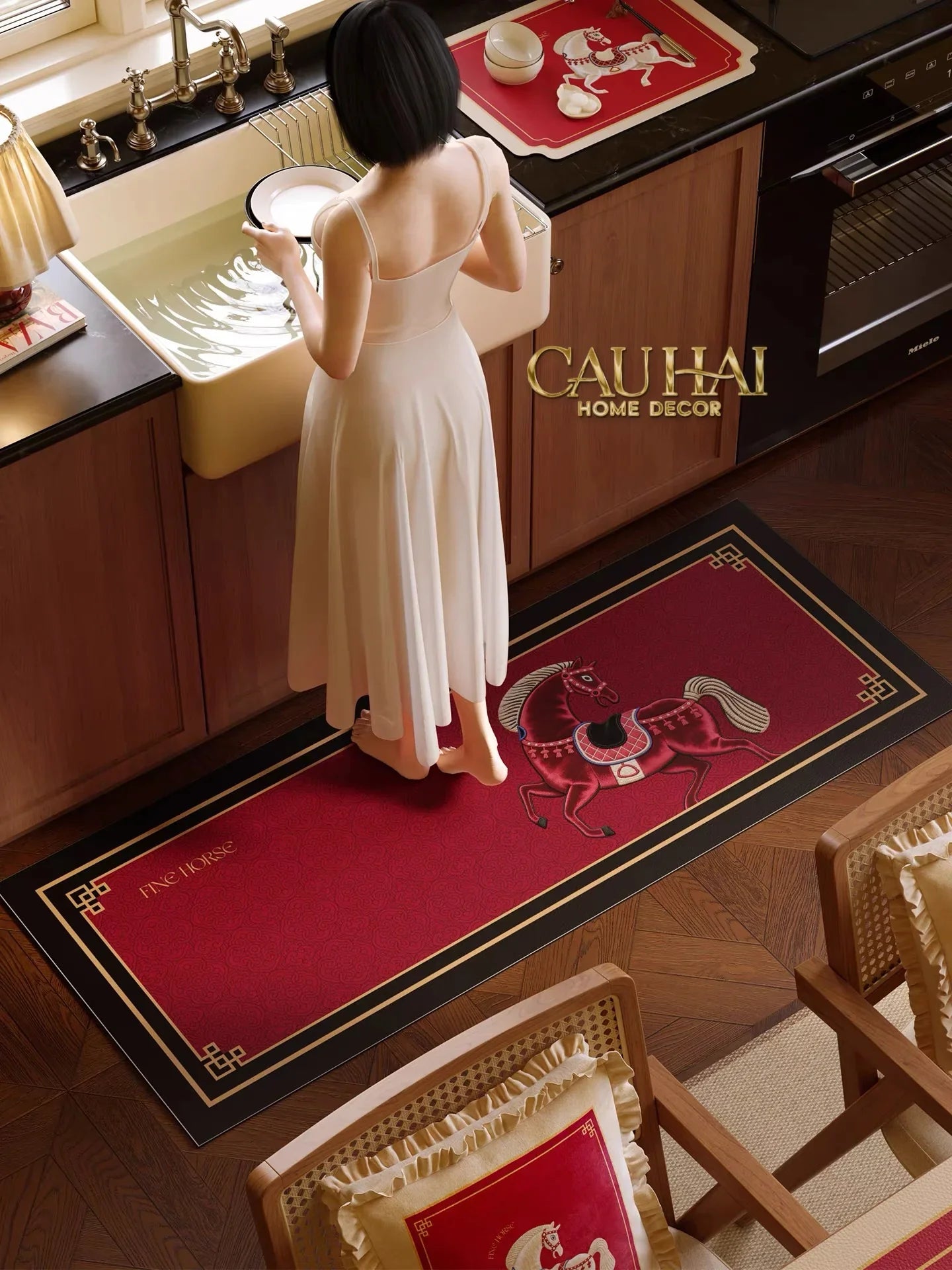 Thảm Cửa / Thảm Bathroom Micro Nappa Gen8 55*90/60*120 - Impérial Équestre Embroidered Cheval - Ruby Rouge-Thảm cửa / bathroom-CẬU HAI HOME DECOR
