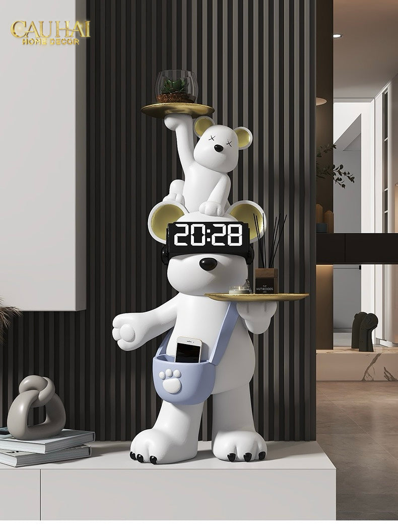 Tượng Gấu Trang Trí Kèm Khay & Đồng Hồ Milo Timekeeper H78-TƯỢNG TRANG TRÍ-CẬU HAI HOME DECOR
