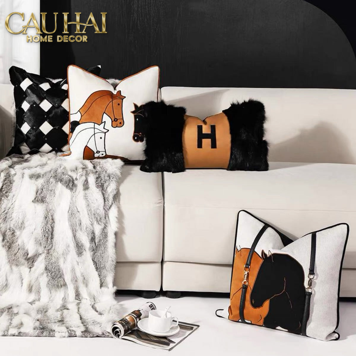 Vỏ Gối Nhung Triptyque Équestre Moderne Embroidered Belt 45-VỎ GỐI SOFA-CẬU HAI HOME DECOR
