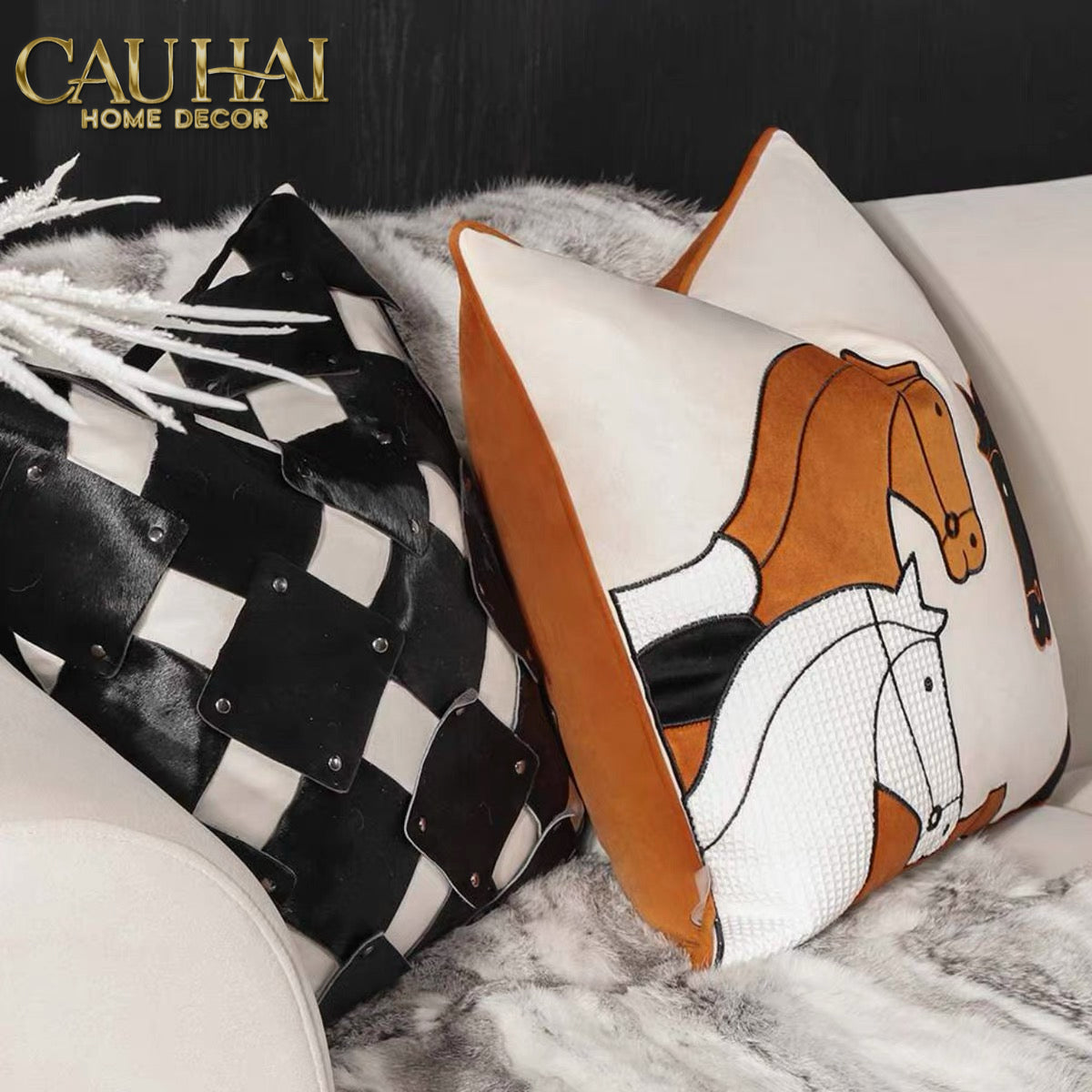 Vỏ Gối Nhung Triptyque Équestre Moderne Embroidered Belt 45-VỎ GỐI SOFA-CẬU HAI HOME DECOR
