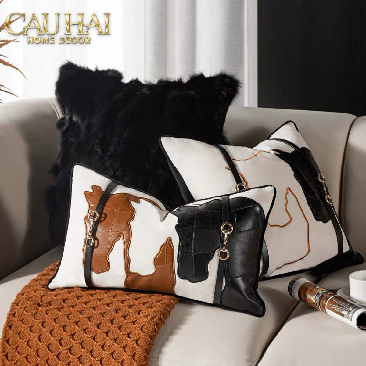 Vỏ Gối Nhung Triptyque Équestre Moderne Embroidered Belt 45-VỎ GỐI SOFA-CẬU HAI HOME DECOR