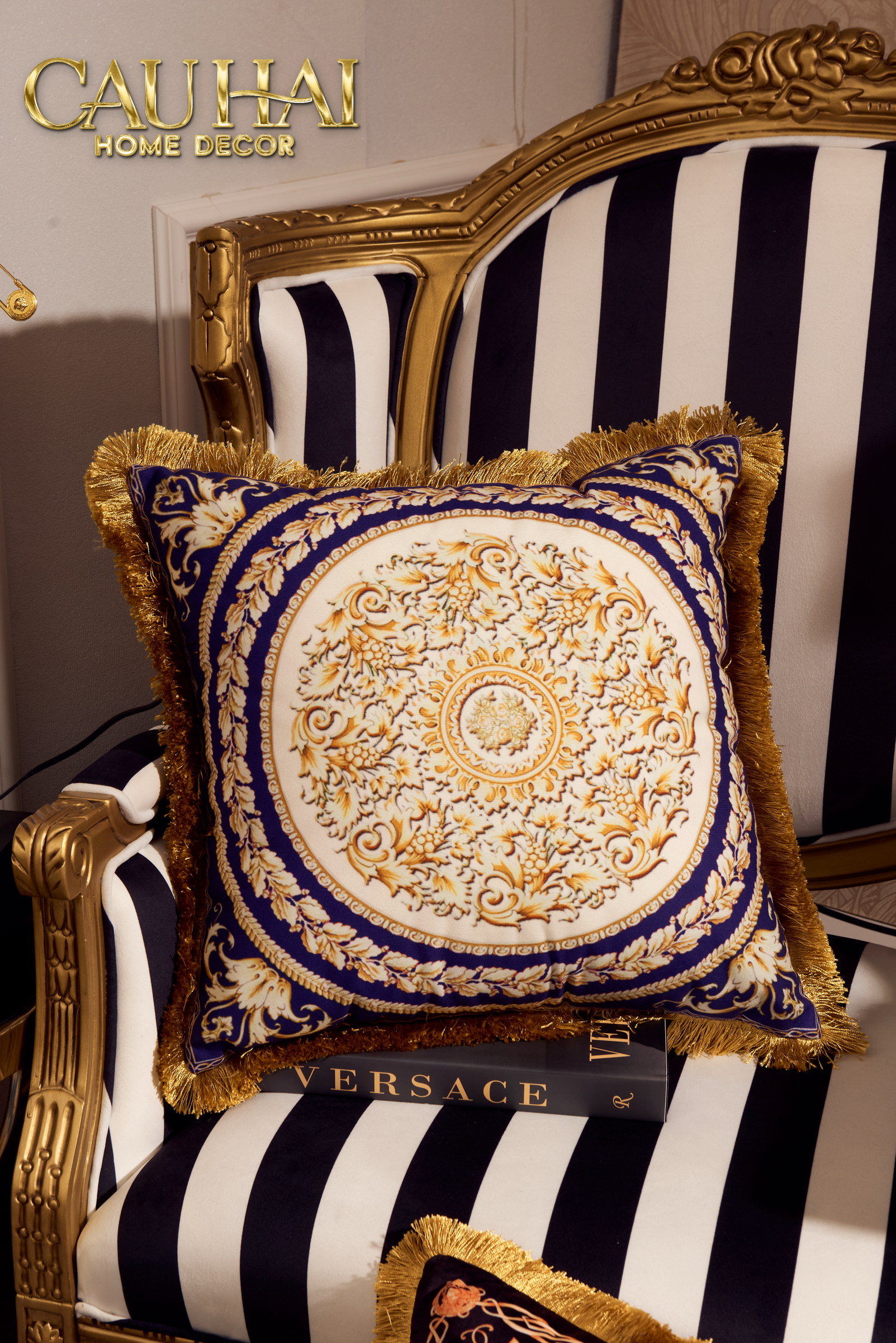 Maison Couture - Chenille V Class Barocco Medusa Cushion Cover Haze - Regal Noir Gold 50x50