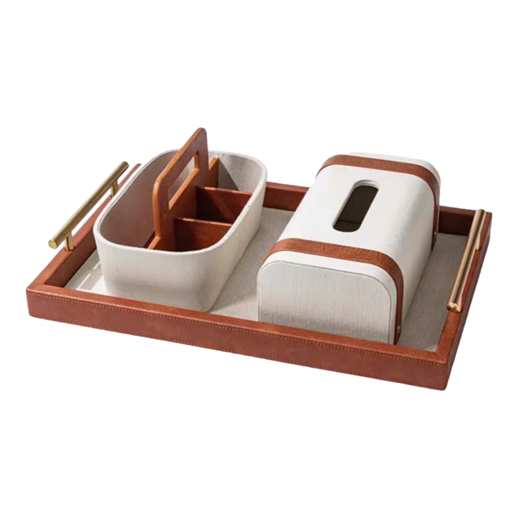 Maison Couture - 3-Piece Canvas Lux Leather Havana Paper Tray Box Set