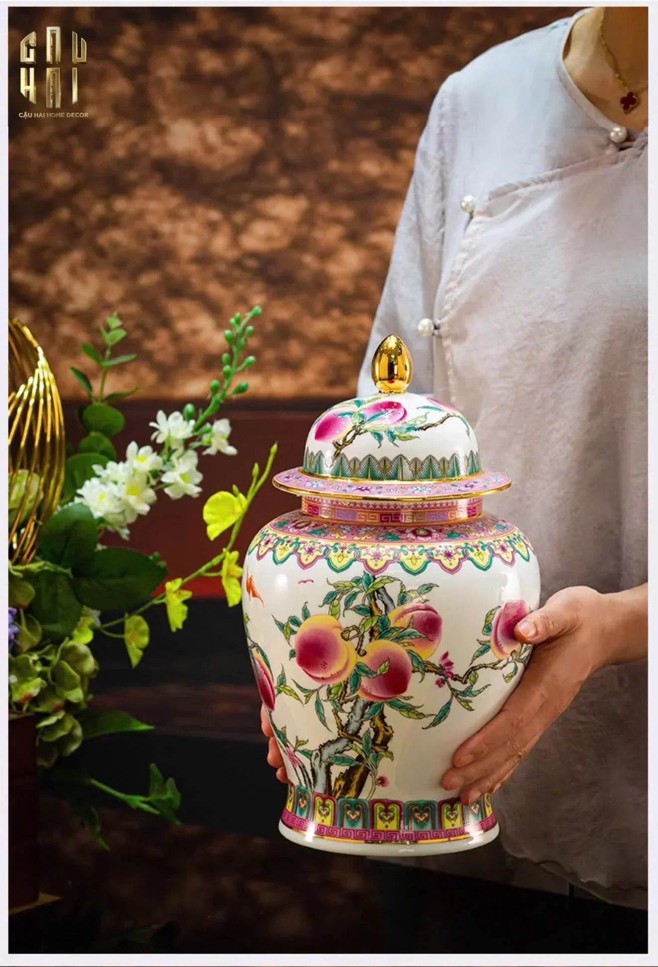 Bình Hoa Bạch Ngọc - Đào Tiên Ngự Phúc- White Jade Vase – Celestial Peach Blessing H31-CẬU HAI HOME DECOR