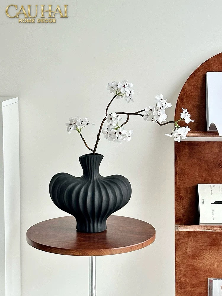 Bình Hoa Gốm Đen Petit Noir Plissé Vase 19x19.5-BÌNH HOA-CẬU HAI HOME DECOR-CẬU HAI HOME DECOR