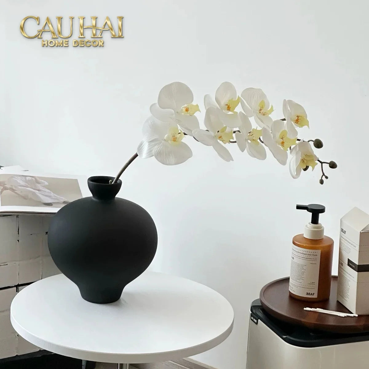 Bình Hoa Gốm Tròn Đen Noire Pearl Pottery Vase 23.5x17-BÌNH HOA-CẬU HAI HOME DECOR-CẬU HAI HOME DECOR