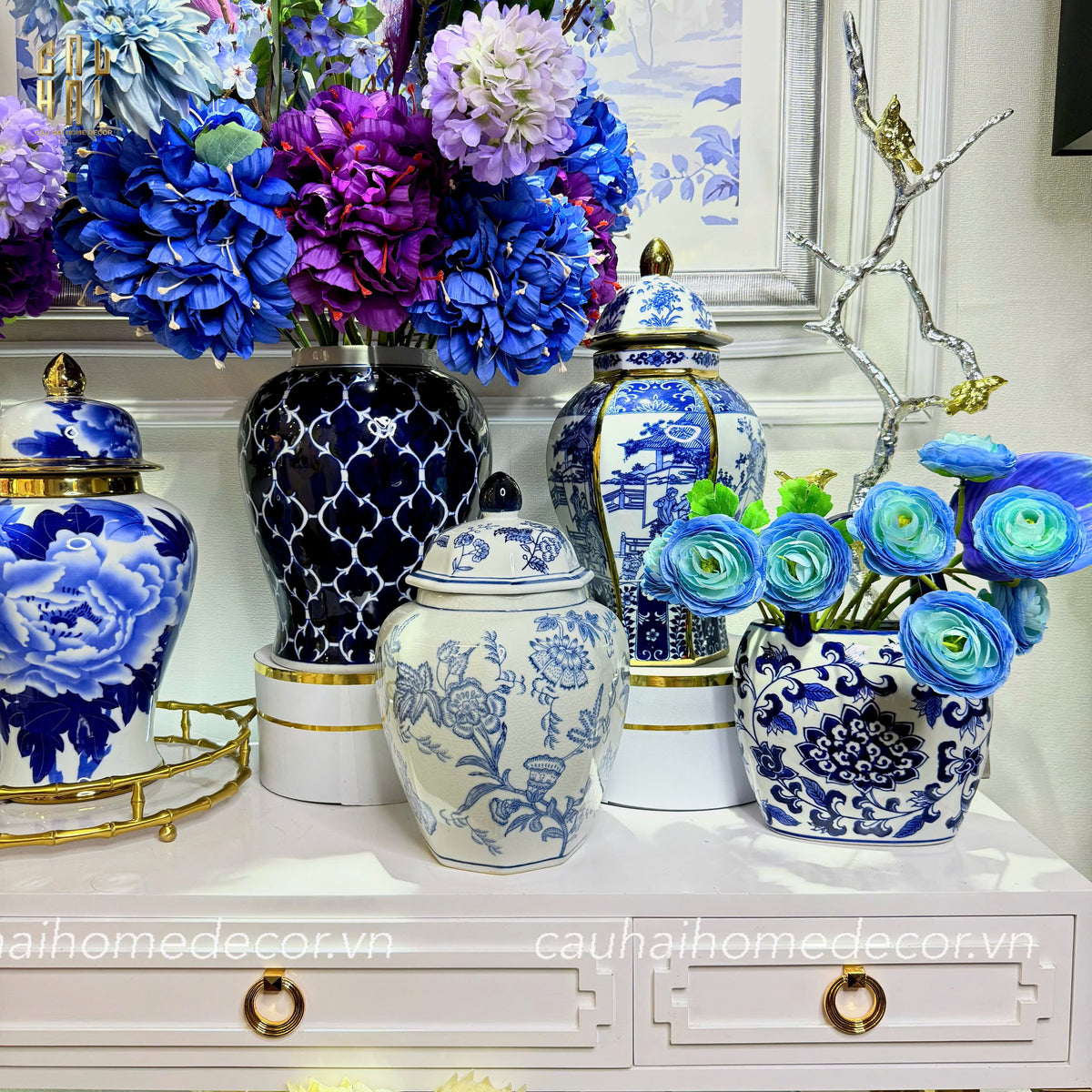 Bình Hoa Kim Tôn Lăng Trấn - Indochine Indigo Porcelain Vase H41-BÌNH HOA-Đối tác tại Trung Quốc theo từng đơn đặt hàng-CẬU HAI HOME DECOR