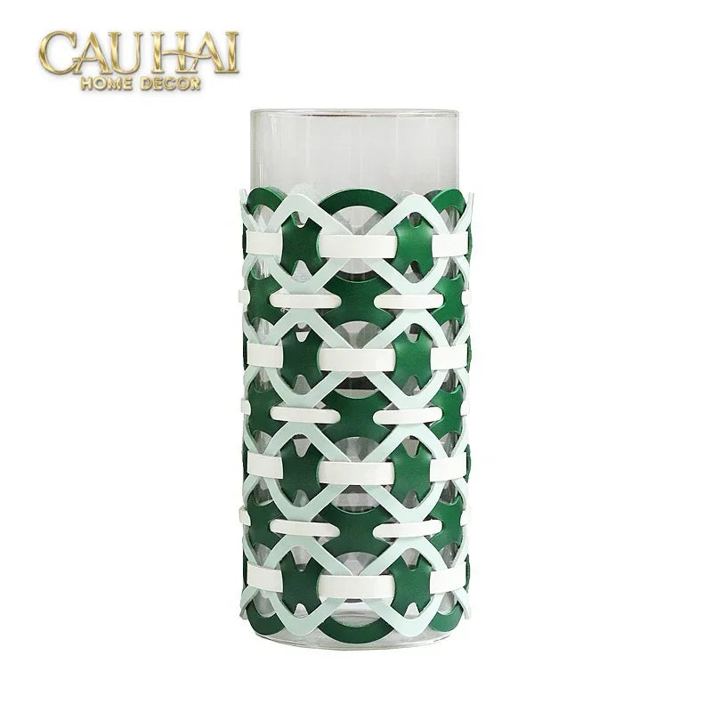 Bình Hoa Thuỷ Tinh Hình Trụ Phối Da Đan Woven Leather Cylinder Glass Vase 10x25-CẬU HAI HOME DECOR