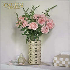 Bình Hoa Thuỷ Tinh Hình Trụ Phối Da Đan Woven Leather Cylinder Glass Vase 10x25-CẬU HAI HOME DECOR