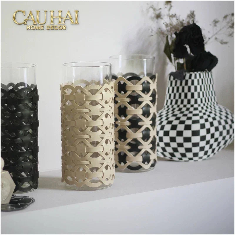 Bình Hoa Thuỷ Tinh Hình Trụ Phối Da Đan Woven Leather Cylinder Glass Vase 10x25-CẬU HAI HOME DECOR