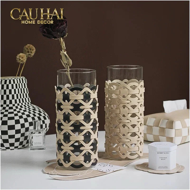Bình Hoa Thuỷ Tinh Hình Trụ Phối Da Đan Woven Leather Cylinder Glass Vase 10x25-CẬU HAI HOME DECOR