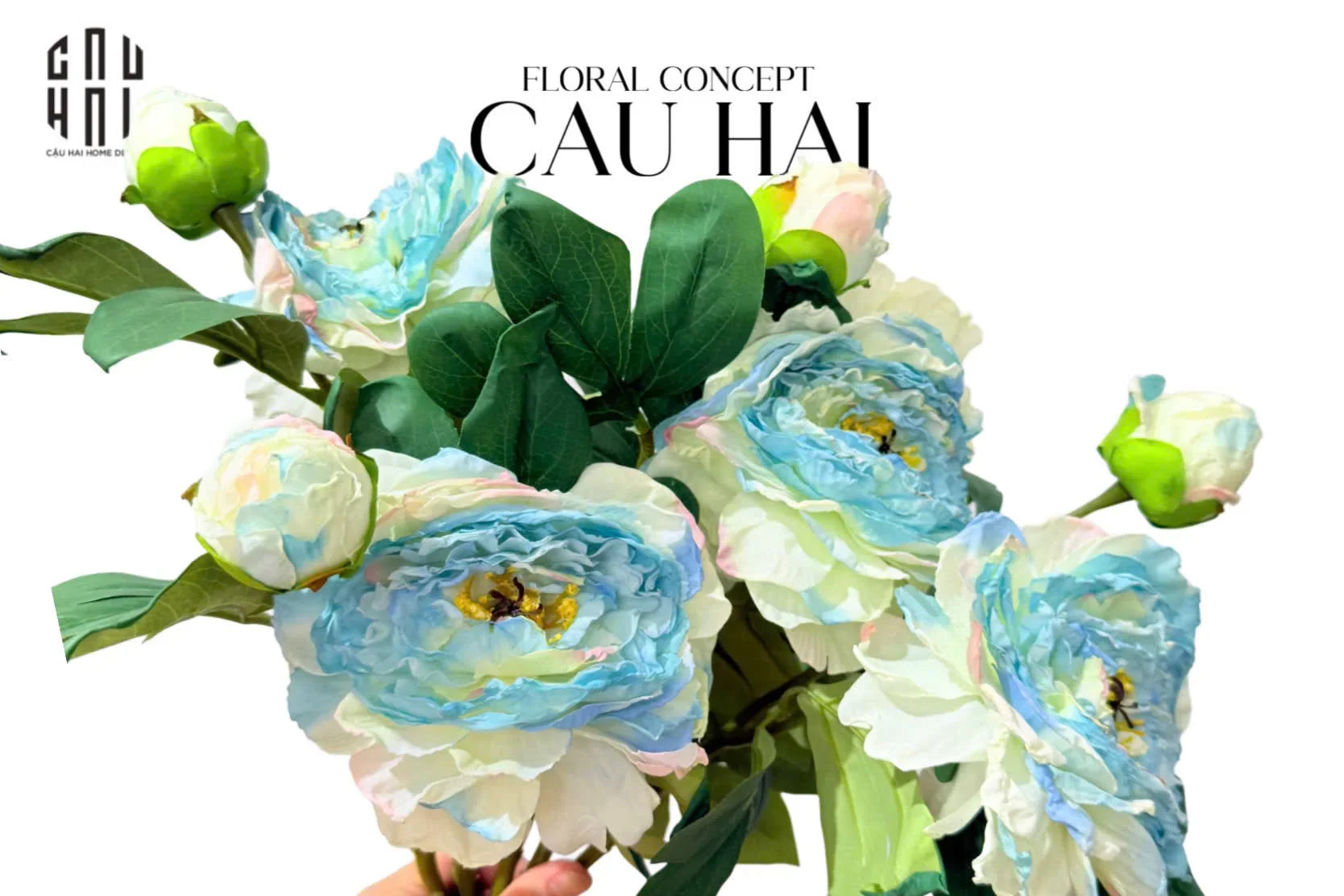 Cành Hoa Mẫu Đơn Peony Lactiflora - Sky Blue-Hoa Lụa-CẬU HAI HOME DECOR