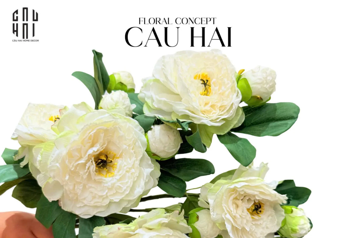 Cành Hoa Mẫu Đơn Peony Lactiflora - White-Hoa Lụa-Đối tác tại Trung Quốc theo từng đơn đặt hàng-CẬU HAI HOME DECOR