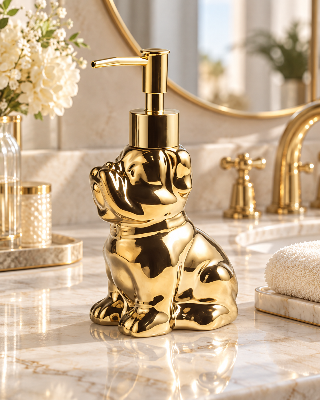 Chai kit nhà tắm Puggy Gold trong không gian phòng tắm sang trọng