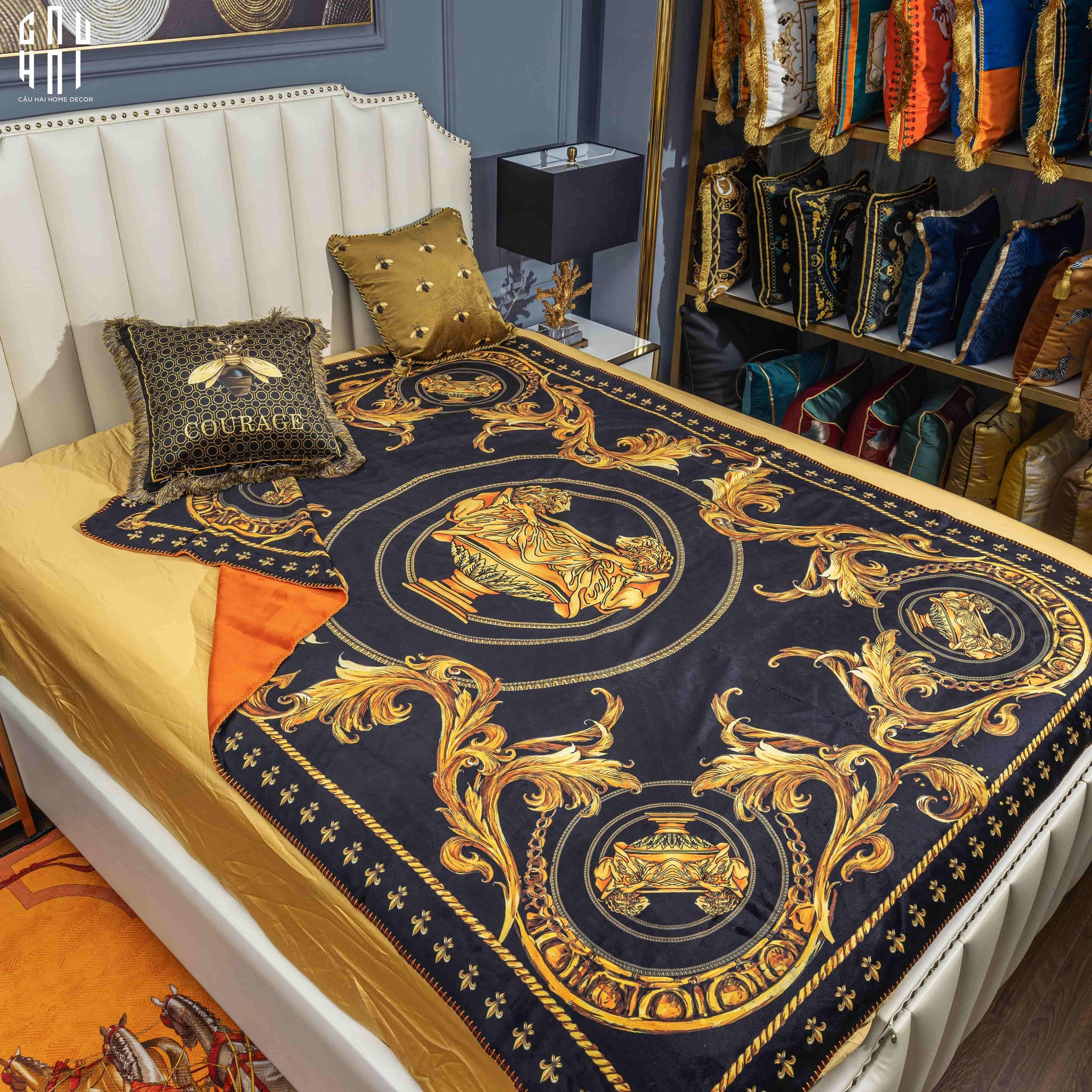 Chăn Nhung Cao Cấp Virtus Gala Black Barocco Frame - Luxury Velvet Blanket 150X200.-CHĂN SOFA-CẬU HAI HOME DECOR