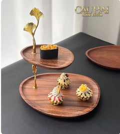 Đĩa 2 Tầng Gỗ Óc Chó Lá Ngân Hạnh - Ginkgo Walnut Deux Niveaux Étagère 26x29-SET CHÉN DĨA-CẬU HAI HOME DECOR