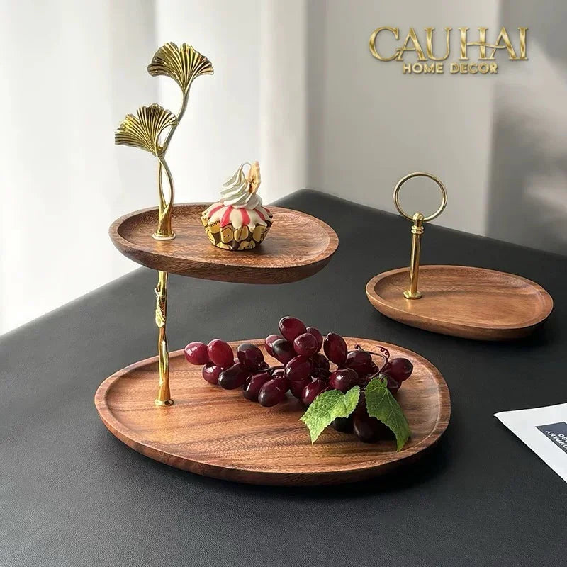 Đĩa 2 Tầng Gỗ Óc Chó Lá Ngân Hạnh - Ginkgo Walnut Deux Niveaux Étagère 26x29-SET CHÉN DĨA-CẬU HAI HOME DECOR
