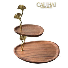 Đĩa 2 Tầng Gỗ Óc Chó Lá Ngân Hạnh - Ginkgo Walnut Deux Niveaux Étagère 26x29-SET CHÉN DĨA-CẬU HAI HOME DECOR