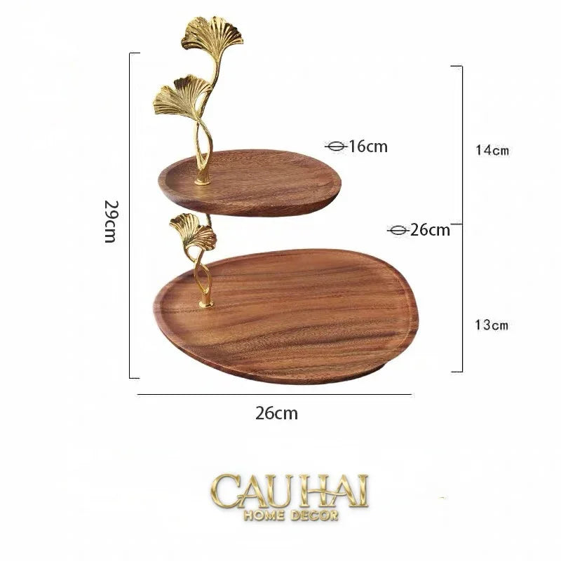 Đĩa 2 Tầng Gỗ Óc Chó Lá Ngân Hạnh - Ginkgo Walnut Deux Niveaux Étagère 26x29-SET CHÉN DĨA-CẬU HAI HOME DECOR