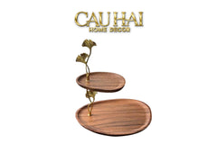 Đĩa 2 Tầng Gỗ Óc Chó Lá Ngân Hạnh - Ginkgo Walnut Deux Niveaux Étagère 26x29-SET CHÉN DĨA-CẬU HAI HOME DECOR