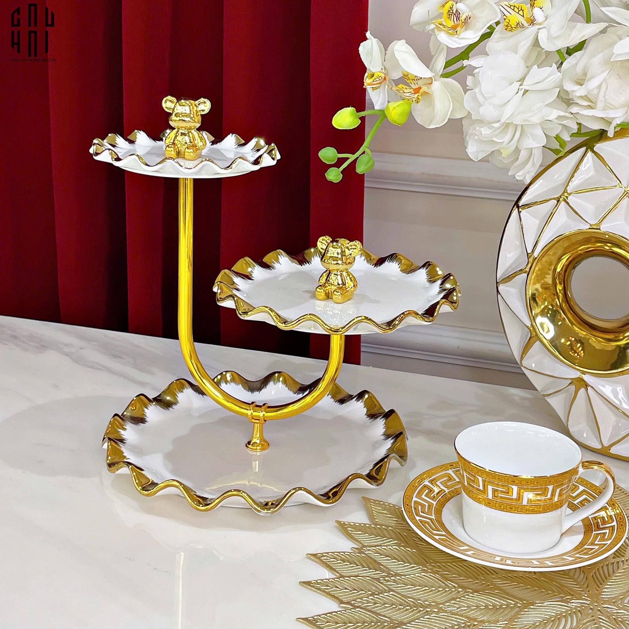 Đĩa Bánh 3 Tầng Ceramic Golden Lines Teddy Bears Ss25-SET CHÉN DĨA-CẬU HAI HOME DECOR
