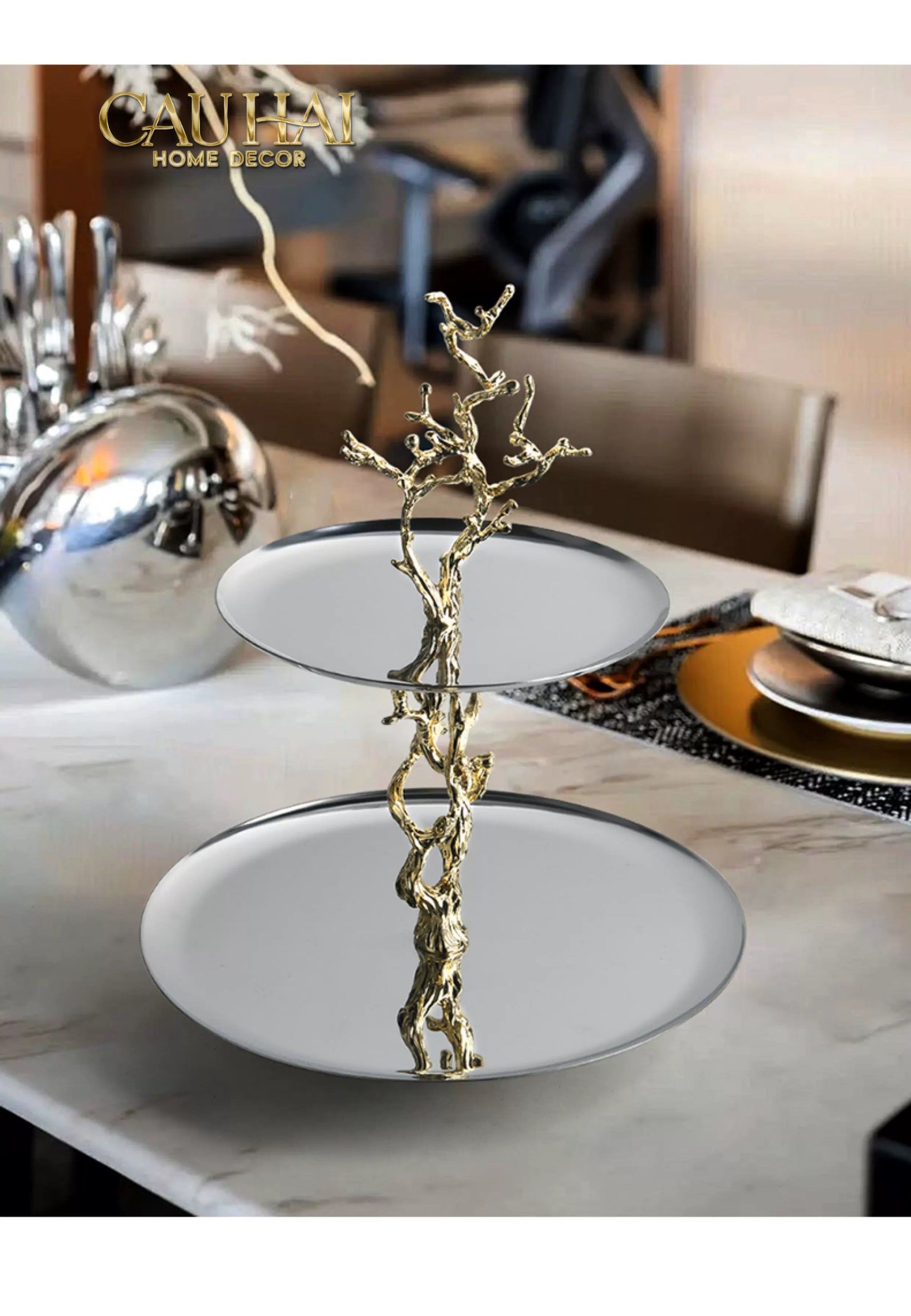 Elysian Couture - Đĩa 2 Tầng Platinum Elysian Branch Étagère 28x35-Đĩa Trái Cây-CẬU HAI HOME DECOR