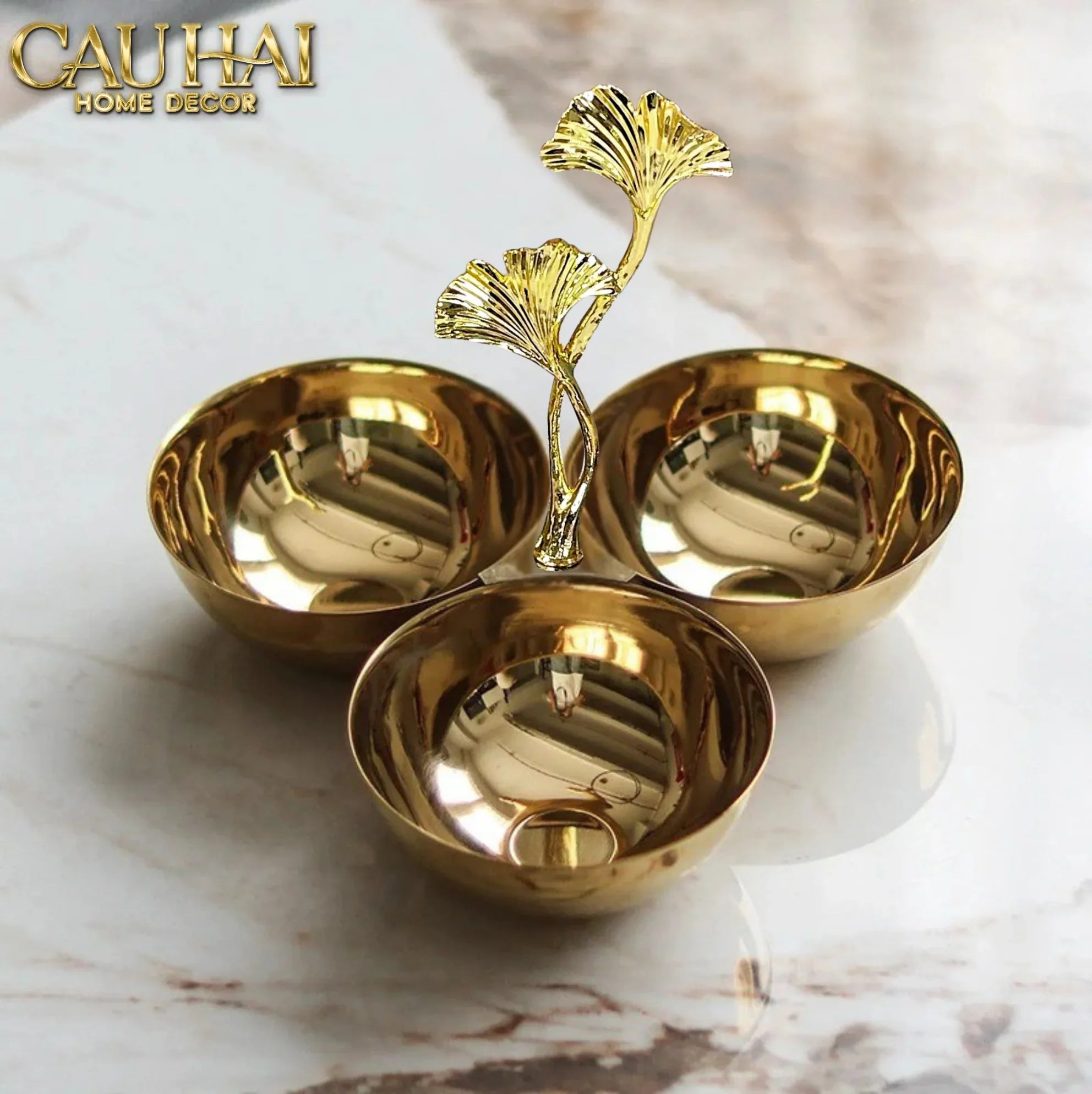 Elysian Couture - Đĩa Trái Cây 3 Ngăn Triptyque Golden Branch Ginkgo Trois Éclat-Đĩa Trái Cây-CẬU HAI HOME DECOR
