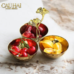 Elysian Couture - Đĩa Trái Cây 3 Ngăn Triptyque Golden Branch Ginkgo Trois Éclat-Đĩa Trái Cây-CẬU HAI HOME DECOR