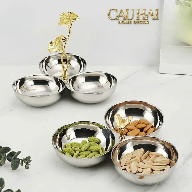 Elysian Couture - Đĩa Trái Cây 3 Ngăn Triptyque Golden Branch Ginkgo Trois Éclat-Đĩa Trái Cây-CẬU HAI HOME DECOR