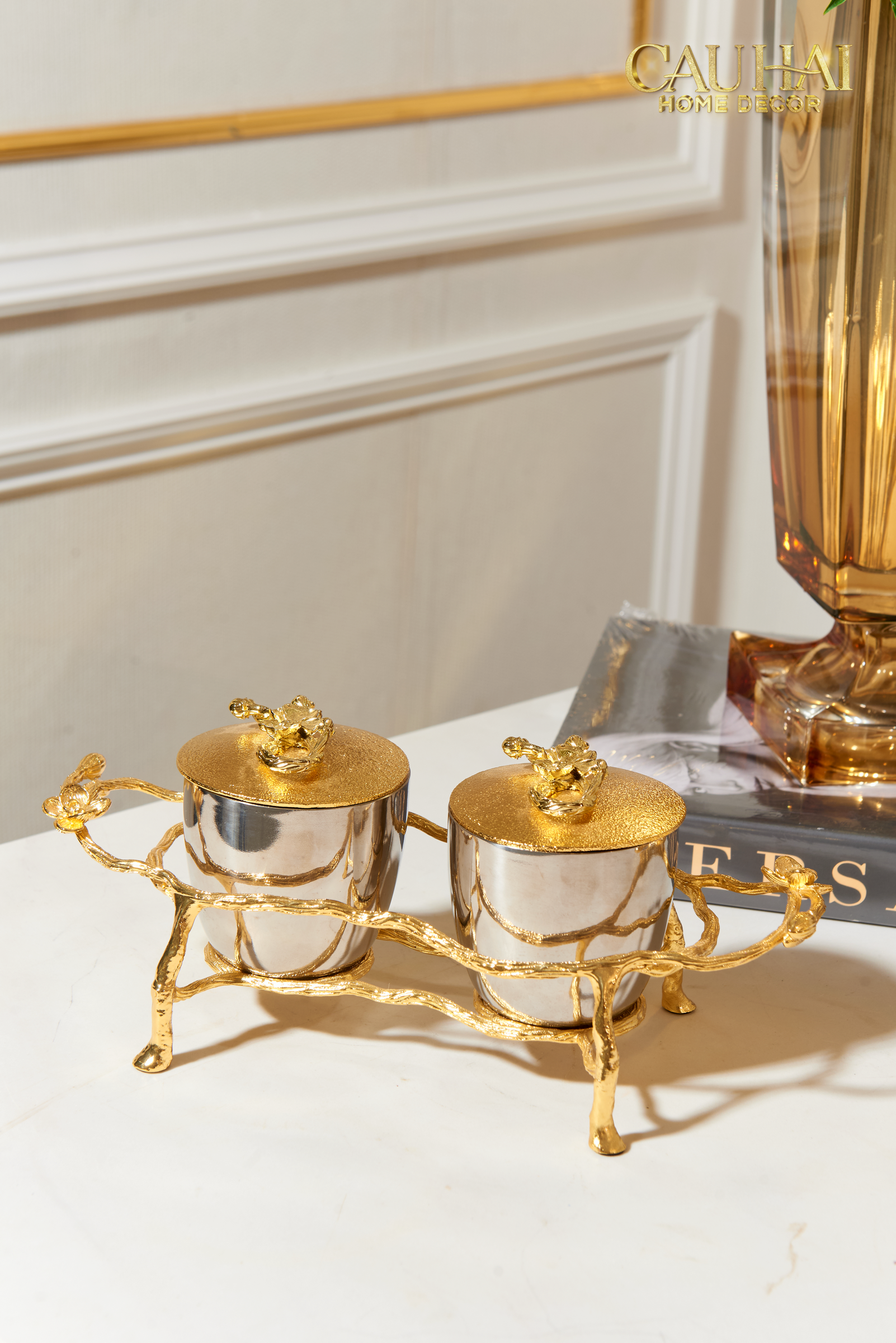 Elysian Couture - Lọ Kẹo Chân Đồng - Brasson Platinum Jar.- Les Fleurs 12x12x28-LY THỦY TINH-CẬU HAI HOME DECOR