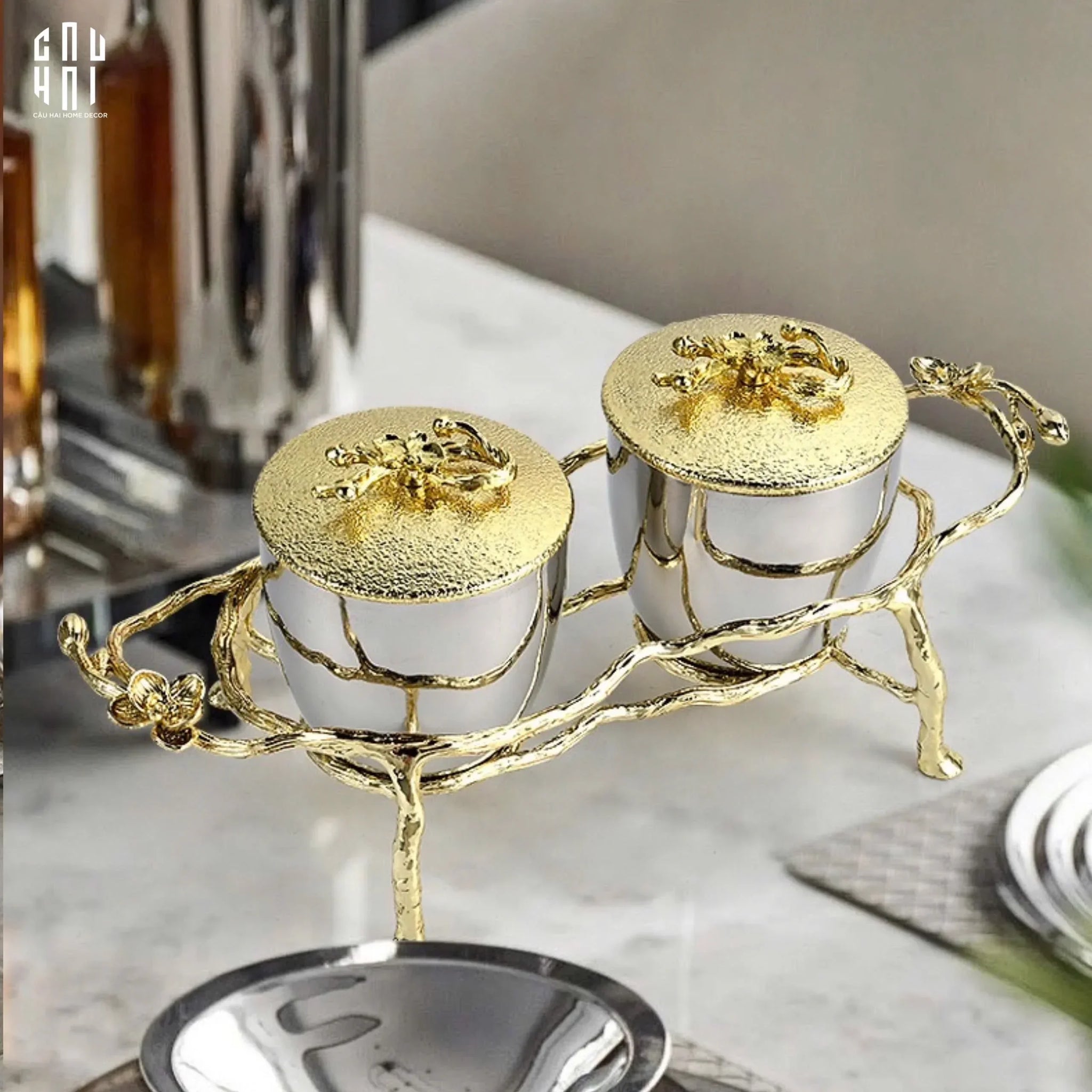 Elysian Couture - Lọ Kẹo Chân Đồng - Brasson Platinum Jar.- Les Fleurs 12x12x28-LY THỦY TINH-CẬU HAI HOME DECOR