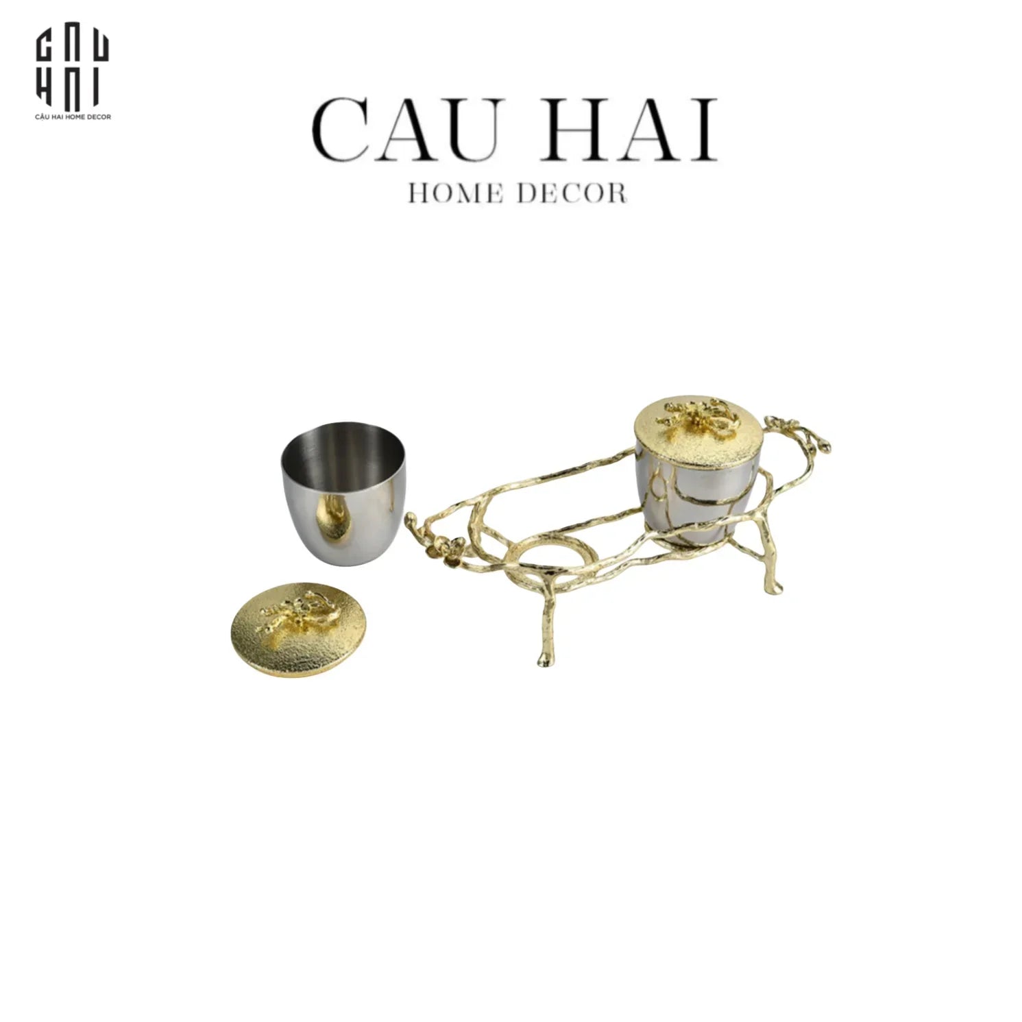 Elysian Couture - Lọ Kẹo Chân Đồng - Brasson Platinum Jar.- Les Fleurs 12x12x28-LY THỦY TINH-CẬU HAI HOME DECOR