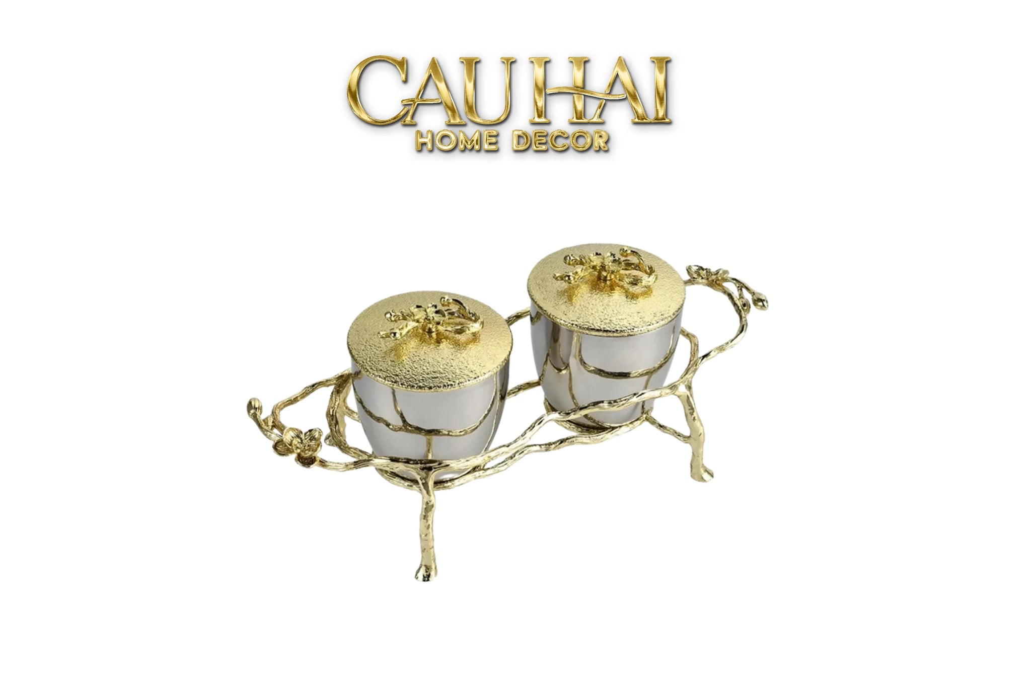 Elysian Couture - Lọ Kẹo Chân Đồng - Brasson Platinum Jar.- Les Fleurs 12x12x28-LY THỦY TINH-CẬU HAI HOME DECOR