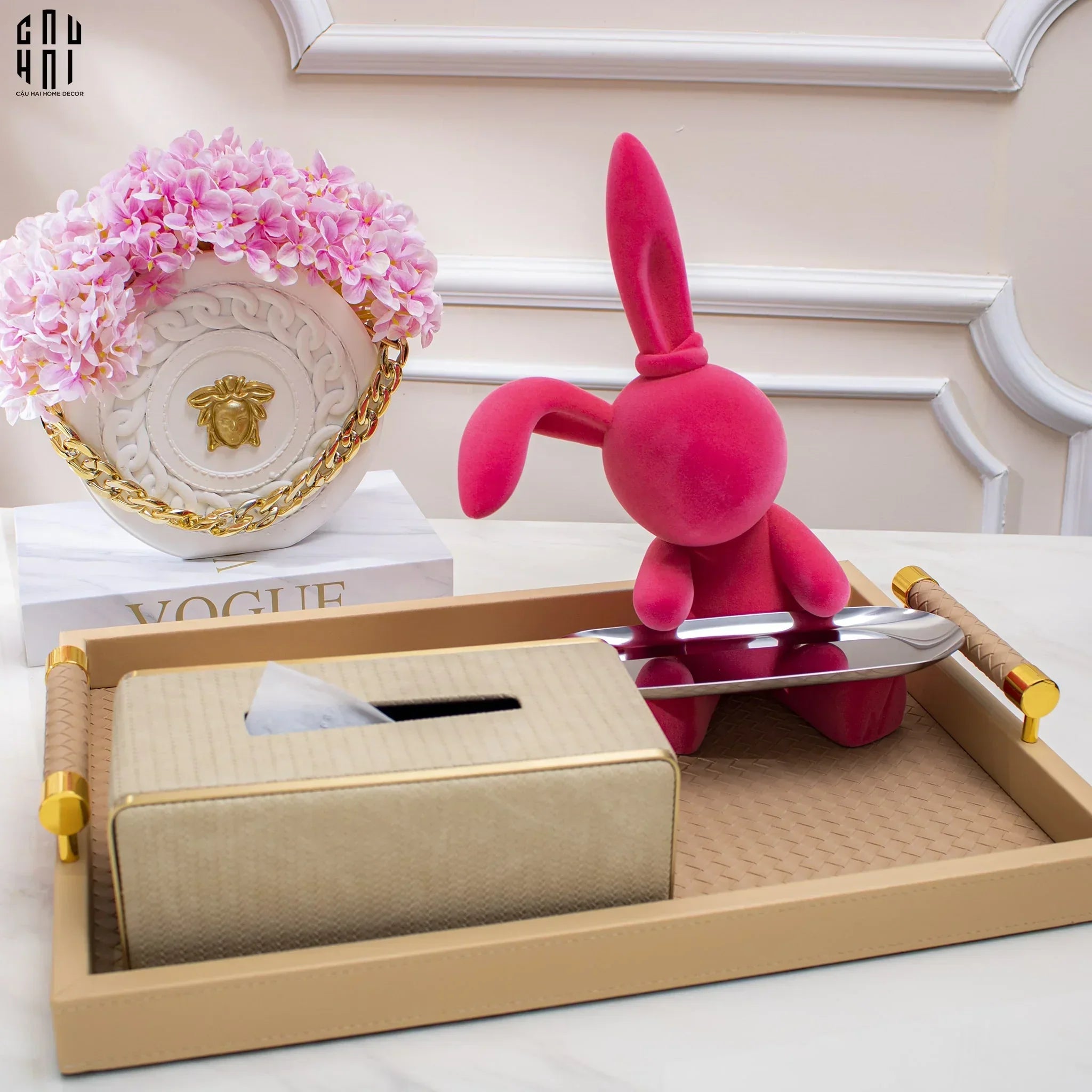 Elysian Couture - Tượng Thỏ Nhung - Figurine Lapin Pink Velour Maison H30-TƯỢNG TRANG TRÍ-CẬU HAI HOME DECOR