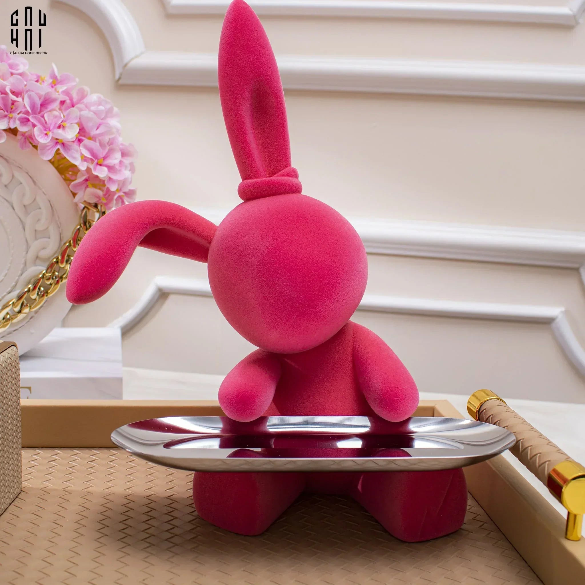 Elysian Couture - Tượng Thỏ Nhung - Figurine Lapin Pink Velour Maison H30-TƯỢNG TRANG TRÍ-CẬU HAI HOME DECOR