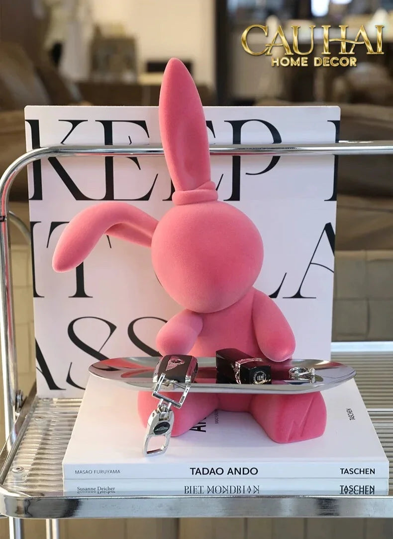 Elysian Couture - Tượng Thỏ Nhung - Figurine Lapin Pink Velour Maison H30-TƯỢNG TRANG TRÍ-CẬU HAI HOME DECOR