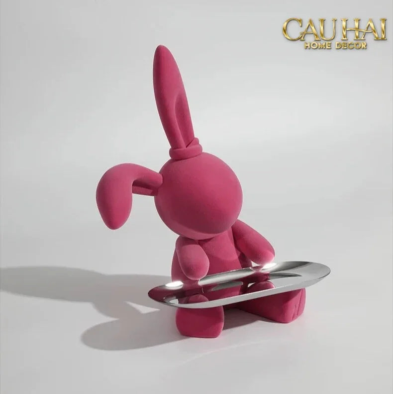 Elysian Couture - Tượng Thỏ Nhung - Figurine Lapin Pink Velour Maison H30-TƯỢNG TRANG TRÍ-CẬU HAI HOME DECOR