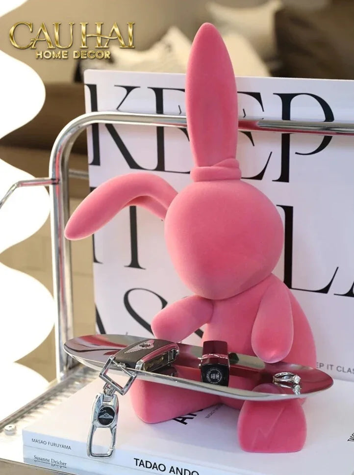 Elysian Couture - Tượng Thỏ Nhung - Figurine Lapin Pink Velour Maison H30-TƯỢNG TRANG TRÍ-CẬU HAI HOME DECOR