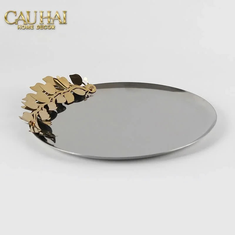 Elysian - Đĩa Trái Cây Khay Tròn Platinum Olive Branch Disk D28-KHAY TRANG TRÍ-CẬU HAI HOME DECOR