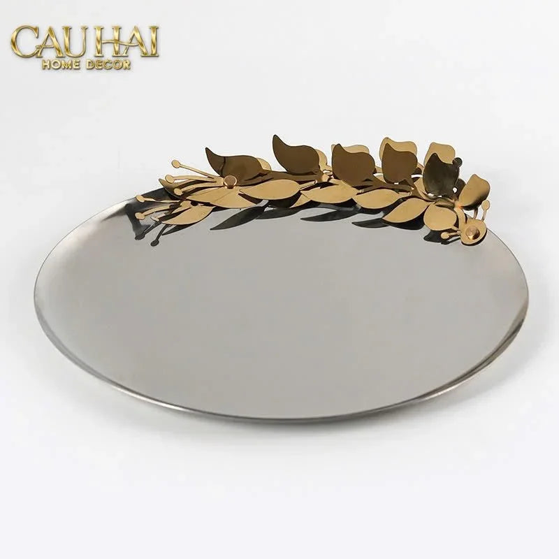 Elysian - Đĩa Trái Cây Khay Tròn Platinum Olive Branch Disk D28-KHAY TRANG TRÍ-CẬU HAI HOME DECOR