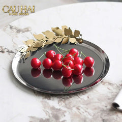 Elysian - Đĩa Trái Cây Khay Tròn Platinum Olive Branch Disk D28-KHAY TRANG TRÍ-CẬU HAI HOME DECOR