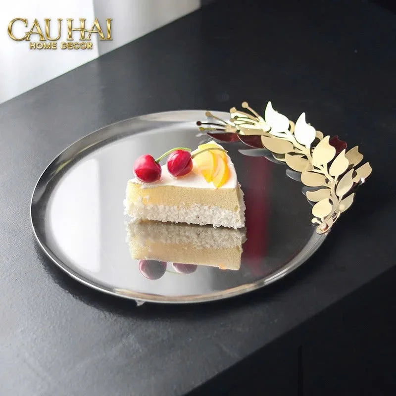 Elysian - Đĩa Trái Cây Khay Tròn Platinum Olive Branch Disk D28-KHAY TRANG TRÍ-CẬU HAI HOME DECOR
