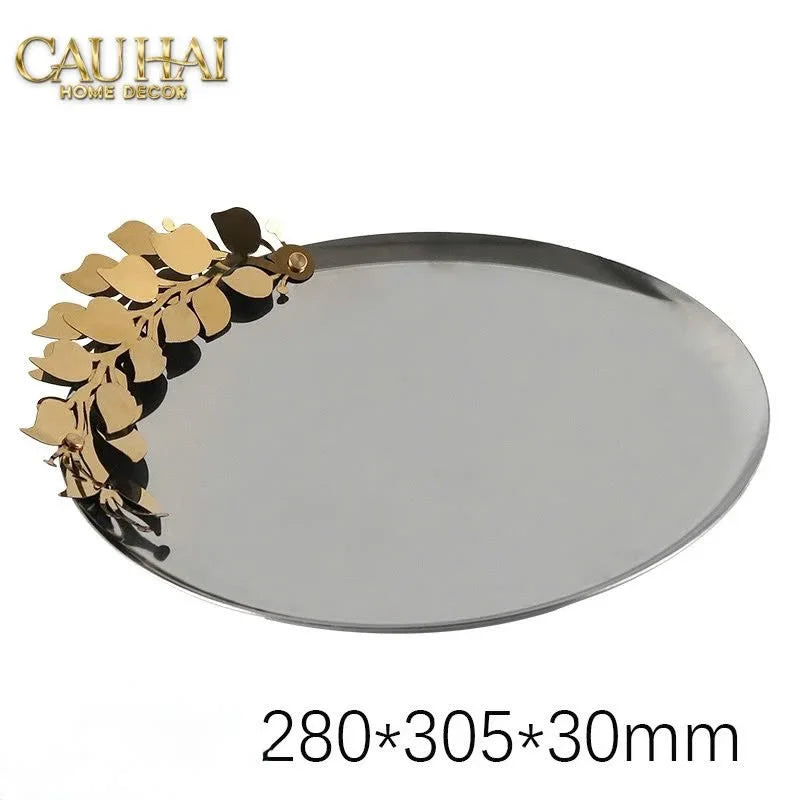 Elysian - Đĩa Trái Cây Khay Tròn Platinum Olive Branch Disk D28-KHAY TRANG TRÍ-CẬU HAI HOME DECOR
