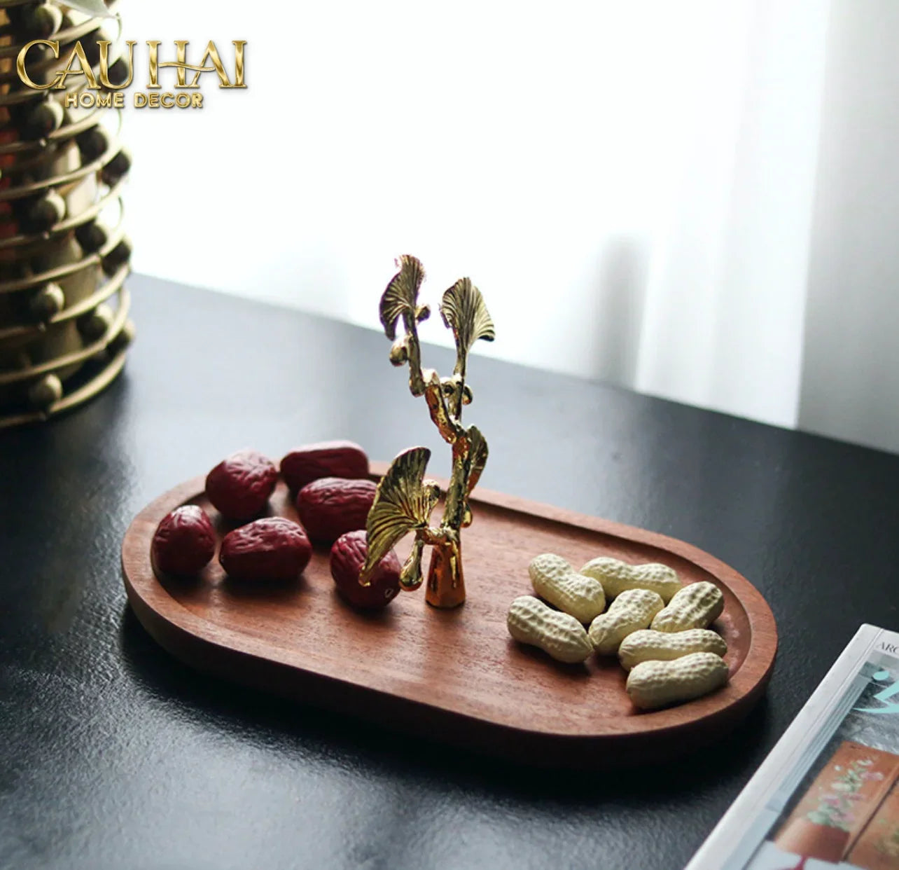 Elysian - Khay Gỗ Óc Chó Lá Ngân Hạnh Ginkgo Premium Walnut Trays 15x25-KHAY TRANG TRÍ-CẬU HAI HOME DECOR