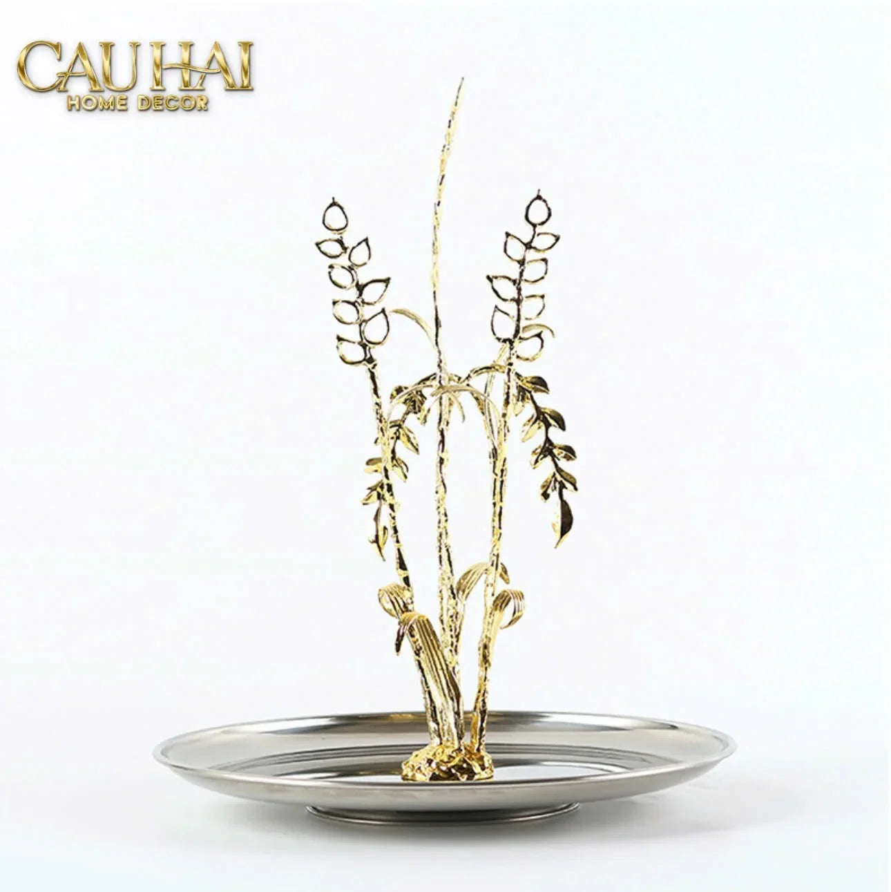 Elysian - Khay Tròn Đĩa Trái Cây Platinum Métallique Golden Eucalyptus Branch D30-KHAY TRANG TRÍ-CẬU HAI HOME DECOR