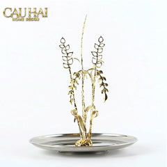 Elysian - Khay Tròn Đĩa Trái Cây Platinum Métallique Golden Eucalyptus Branch D30-KHAY TRANG TRÍ-CẬU HAI HOME DECOR