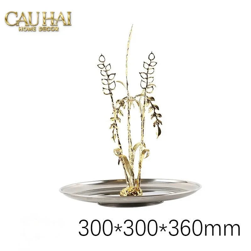 Elysian - Khay Tròn Đĩa Trái Cây Platinum Métallique Golden Eucalyptus Branch D30-KHAY TRANG TRÍ-CẬU HAI HOME DECOR