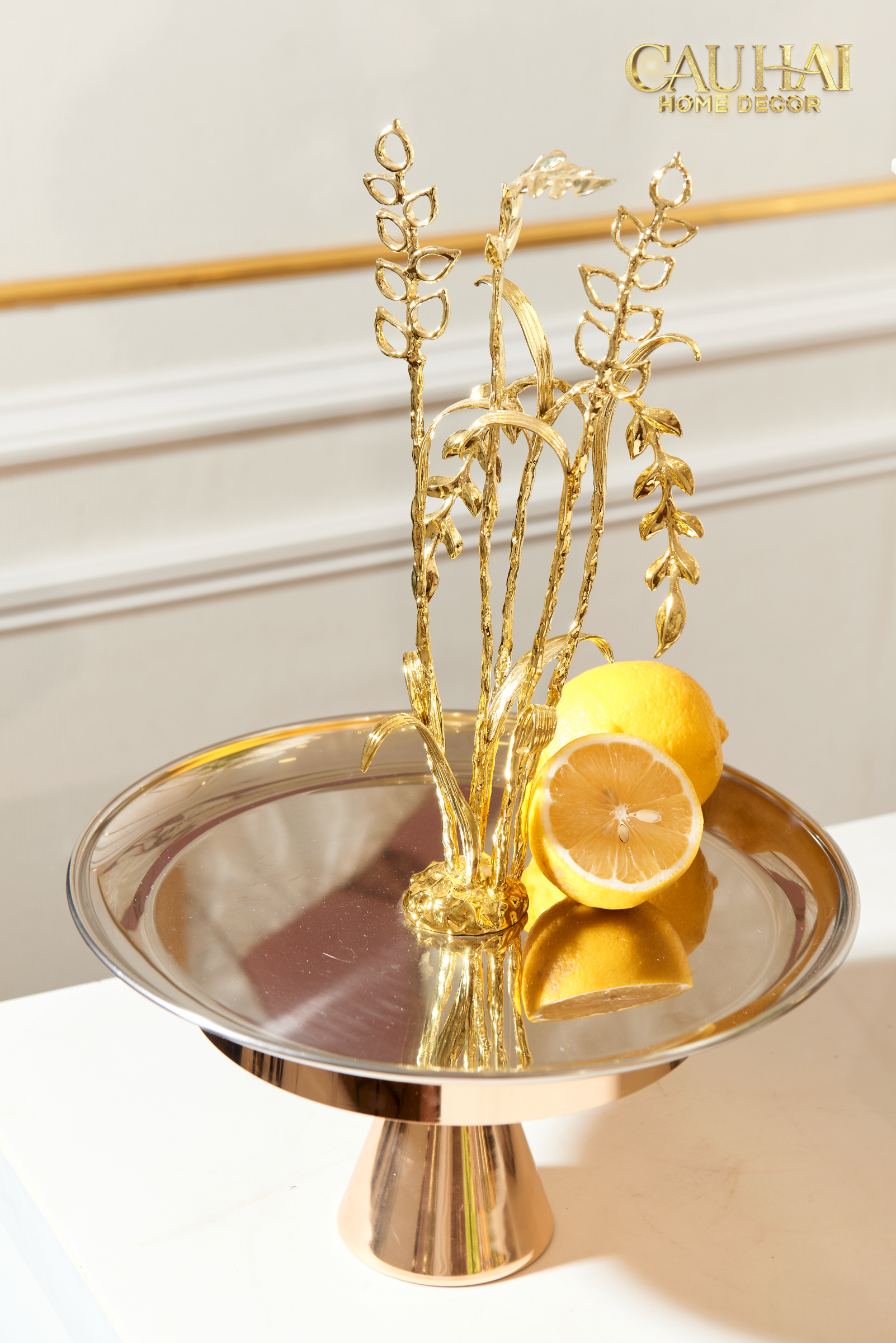 Elysian - Khay Tròn Đĩa Trái Cây Platinum Métallique Golden Eucalyptus Branch D30-KHAY TRANG TRÍ-CẬU HAI HOME DECOR